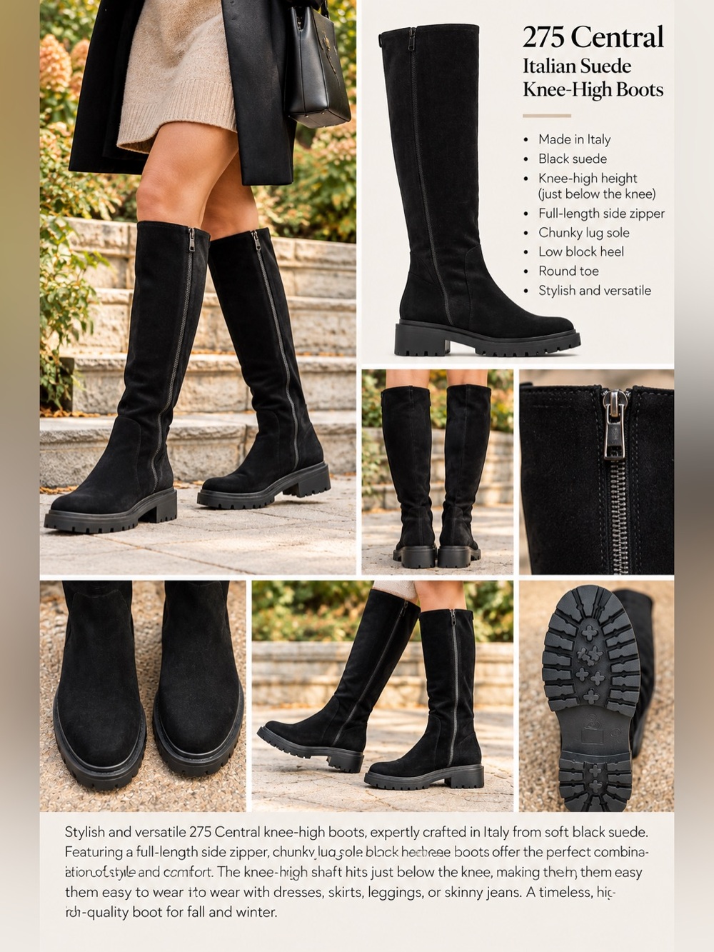 Women's Italian Made Black Tall Heeled Suede Lug Boots